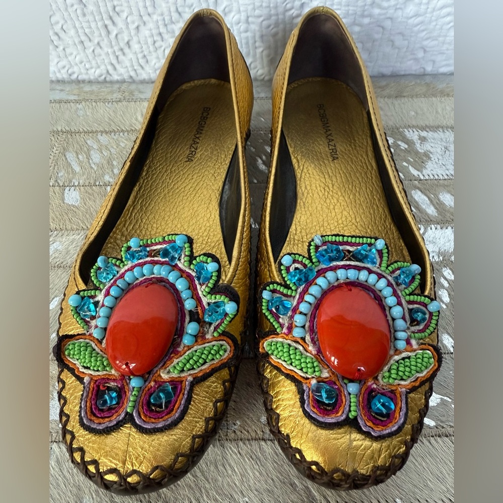 BCBG Max Azria Gold Leather Embellished Flats – Size 6.5